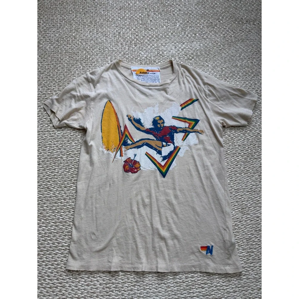 Aviator Nation Tan Rainbow Surfer Graphic T-Shirt Womens Medium Made in USA - Picture 7 of 7